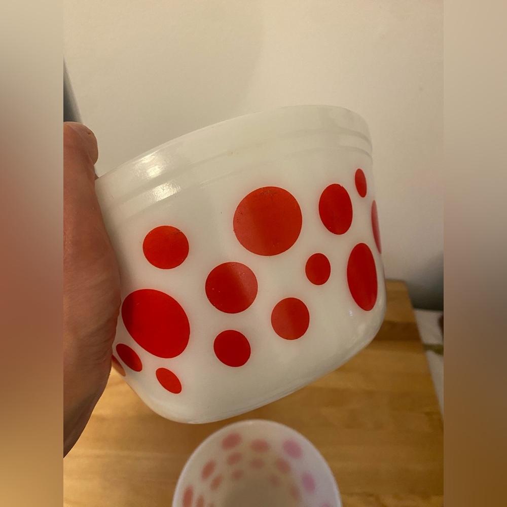 Fire King Oven Ware White Bowls with Red Polka Dots - Picture 7 of 10